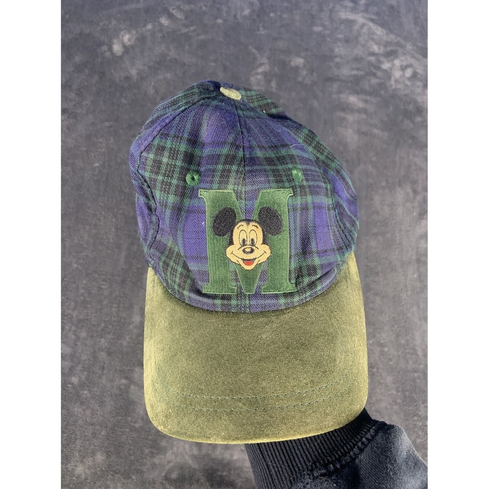 Vintage Disney Mickey Mouse Black Watch Plaid Flannel Snapback Hat 90s Cap Suede